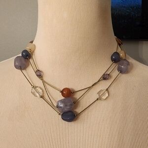 3 Strand Baby Blue , White and Glass Beads on Silver Color Chain